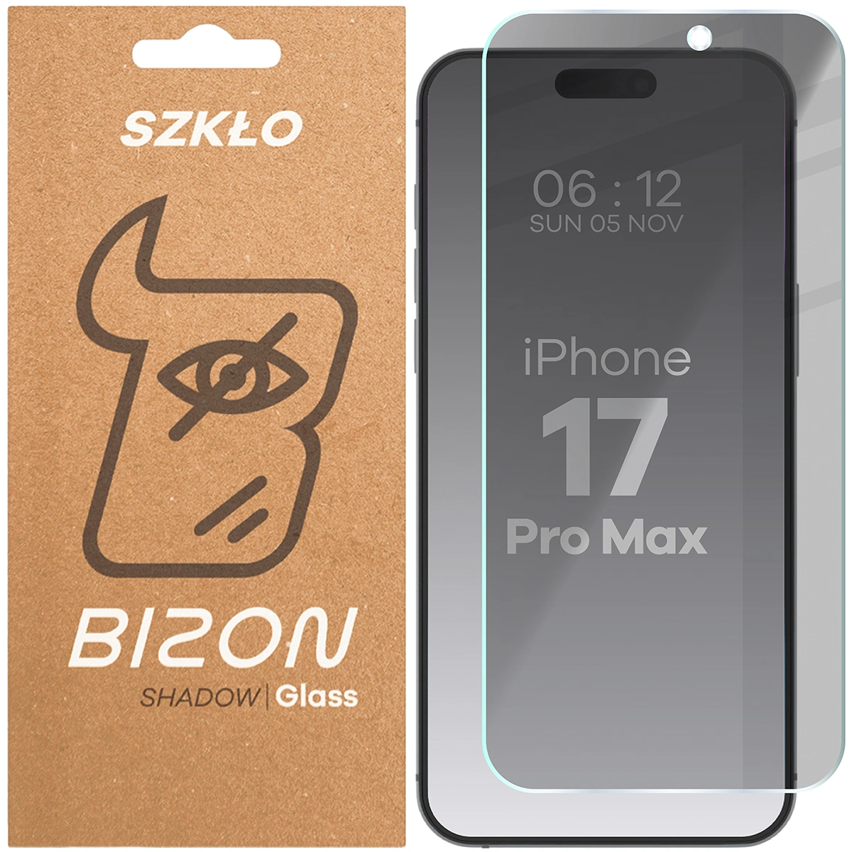 Pudełko i szkło prywatyzujące Bizon Glass Clear Shadow do iPhone 17 Pro Max
